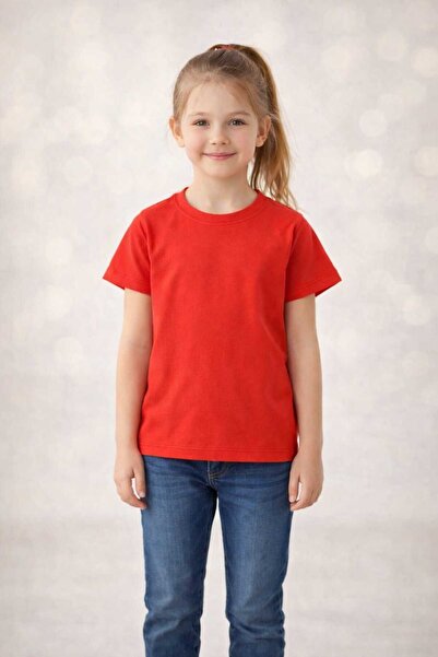 kidsense Unisex Girls and Boys Crew Neck Short Sleeve Unprinted Plain Red Whi...
