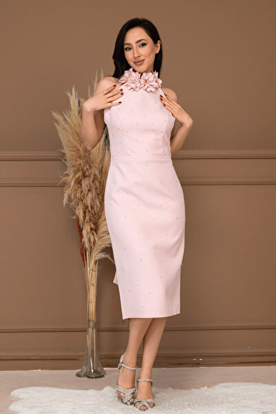 BEYBOS Rochie Atlas Fabric Pearl Detailed Halter B cu detaliu cu șnur Pencil ...