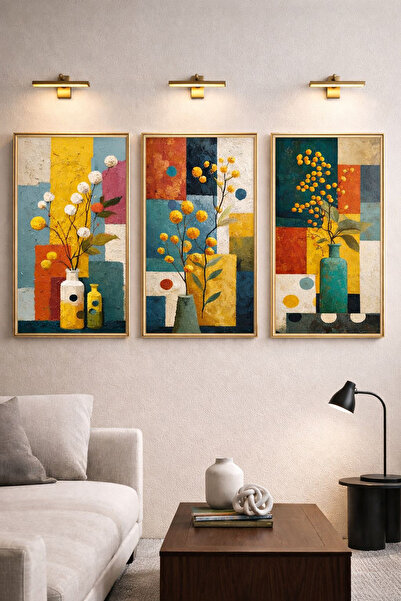 Linacci Set de tablouri cu cadru metalic auriu triplu, colorat și viu, cu alb...