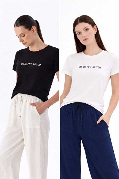 Kadın Siyah Beyaz 2'Li Regular Fit Yuvarlak Yakalı T-shirt