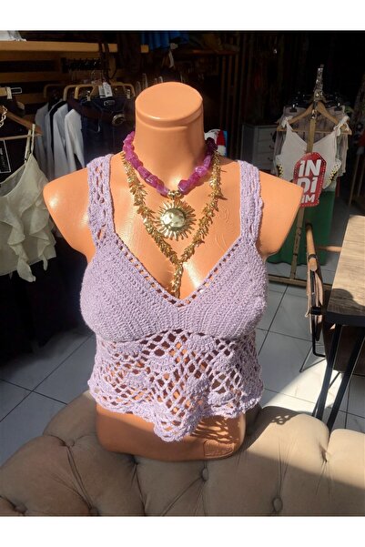 Gözde Tasarım Butik Women's Purple Lila Color Design Crochet Bohem Knit Bustier