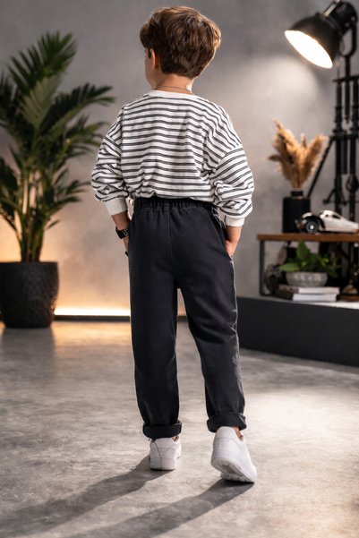 Premium Boy's Holiday Set Striped Pocketed Sweatshirt & Elastic Jeans Stylish Combination Set