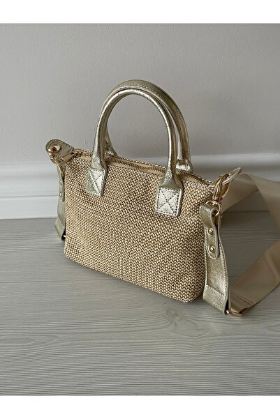 Nura Collection Gold Straw Women's Mini Letter Model Handbag and Shoulder Bag