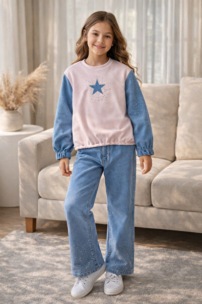 Uğur bebe Girl's Stoned Star Detailed Stretchy Sweatshirt & Wide Leg Lycra Je...