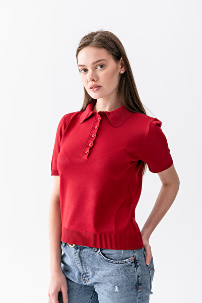 Wega Moda Polo Collar Short Sleeve Women's Knitwear T-Shirt - Buttoned Slim K...