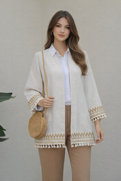 bellura Püskül Detaylı Keten Kimono