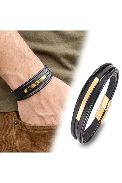 FM Name Written Yellow Titanium Plate Multi Black D Leather Men's Bracelet 14...