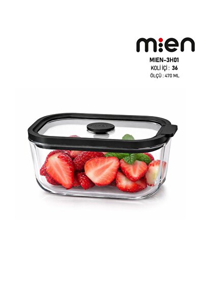 MİEN 470 ml Glass Storage Container with Leak-Proof Lid-Black