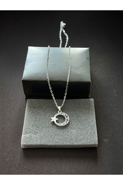 BEKAZEN Ay Yıldız Kolye Gümüş Renk Türk Bayrağı Figürlü Zincir Kolye Unisex M...