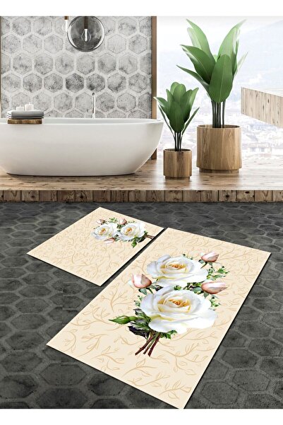 Ardizayn White Rose- Non-Slip , Non-Slip Base (50X60 - 60X100 cm) 2-Piece Bat...