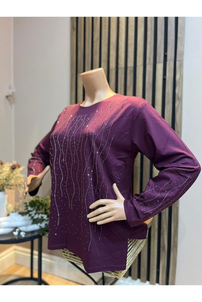 AKMAVİ Women's Wave Shine Combed Cotton Blouse for Middle Age and Above
