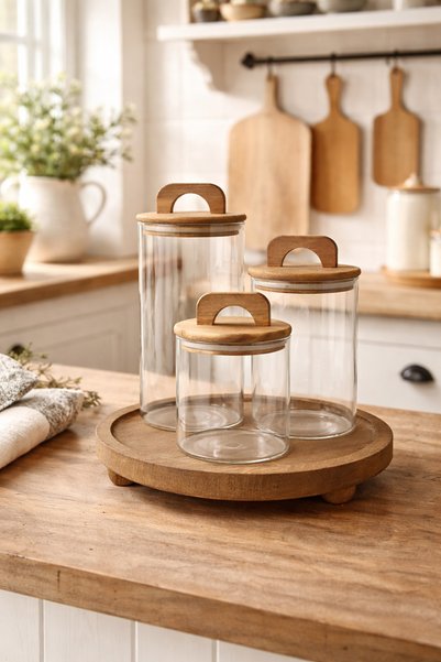 Durina Living 3-Piece Glass Jar Set with Acacia Lid and Wooden Stand Borosilicate Glass 1300 950 550 ml