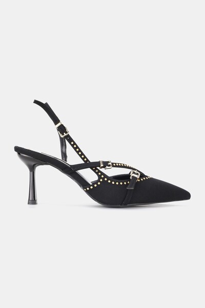 TUNAELLİ حذاء نسائي أسود مرصع بالزيمبل من الساتان بكعب قصير ومقدمة مدببة ومفت...