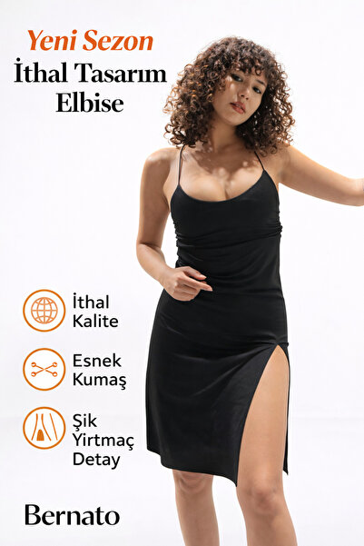 Bernato Sırt Dekolteli İp Askılı Yırtmaçlı Siyah Kadın Elbise – Esnek Kumaş V...