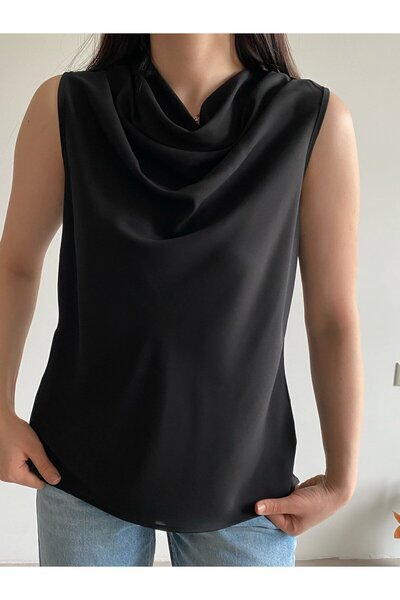 Bade Butik Black Degaje Collar Sleeveless Blouse