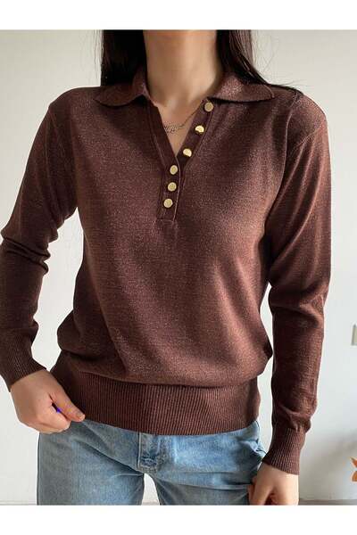 Bade Butik Coffee Gold Buttoned Glittery Blouse