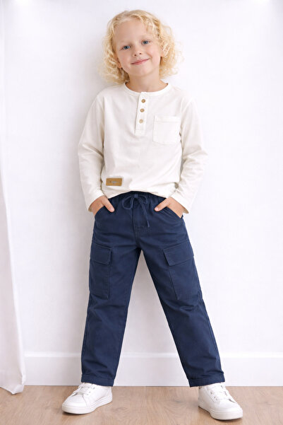 Motebarn Wear Erkek Çocuk Ekru Uzun Kollu Body Bej Kargo Pantolon 2'li Takım