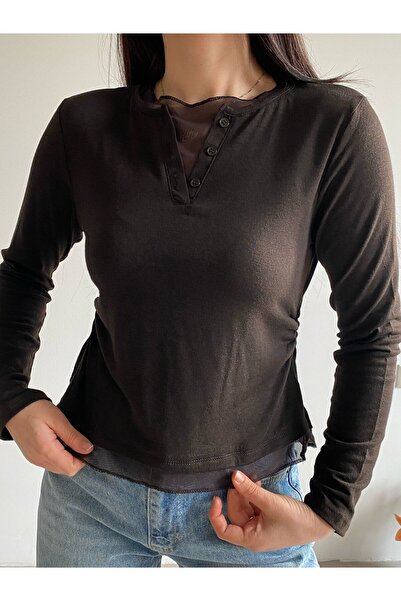 Bade Butik Coffee Tulle Detail Sheer Blouse