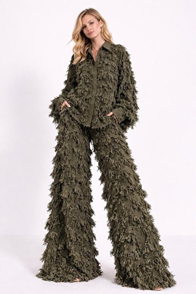 ALYEL NAKER Khaki Jersey Üzeri Tasseled Shirt & Pants Set