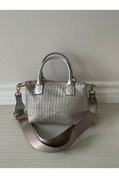 Nura Collection Silver Straw Women's Mini Letter Model Handbag and Shoulder Bag