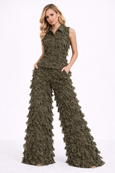 ALYEL NAKER Khaki Jersey over Tasseled Sleeveless Shirt & Wide Leg Pants Set