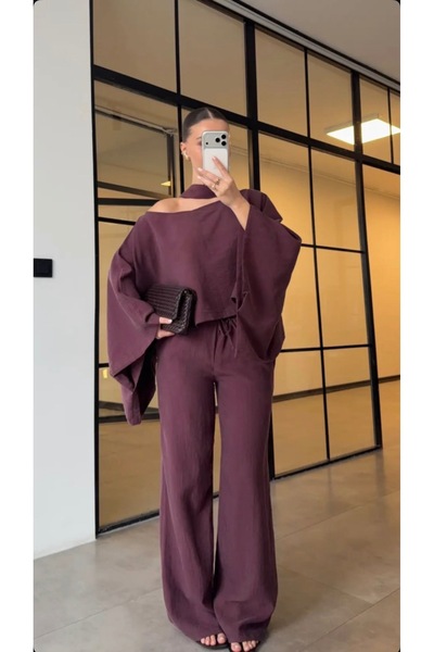 sinemkivanc co Bordo Oversize Kol Fularlı Tencel Kumaş Asimetrik Pantolon Blu...