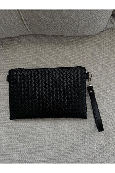 JASECO Siyah Örgü Desenli Fermuarlı Portföy El Çantası - 27x18cm