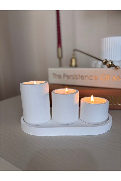 Düşler 3’lü Dekoratif Mum Seti Tabaklı – El Yapımı Minimal Mumluk Seti | Salo...