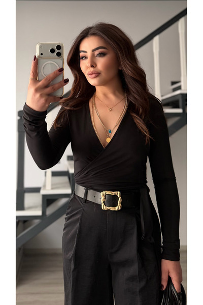 Oslove Black Double Breasted Tie Blouse