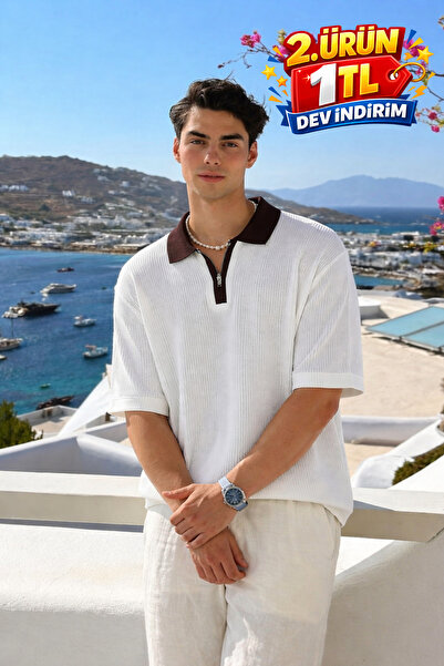 DAMGA JEANS Erkek Comfort Fit Çizgili Triko Beyaz Polo Yaka Tişört