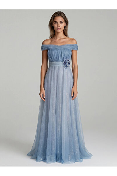 Ejolie Tessa light blue long dress in shiny tulle with Drop-Shoulder and deco...