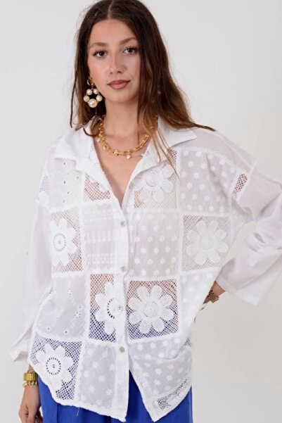 AYASOFYA OTANTIK Cămașă de damă italiană cu model crizantemă albă D dantelă D...