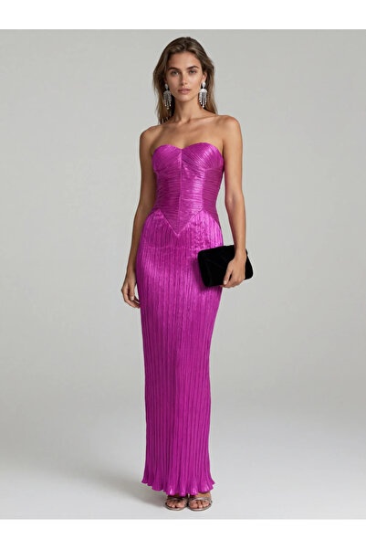 Ejolie Elegant Fuchsia Pleated Corset Long Dress for Special Events –