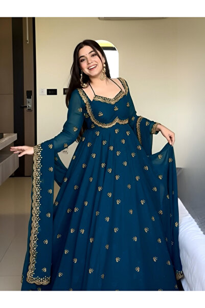 MYSMAR فستان مايمسار بلون أزرق مخضر من قماش جورجيت صناعي - HRT5455 | أزرق مخضر