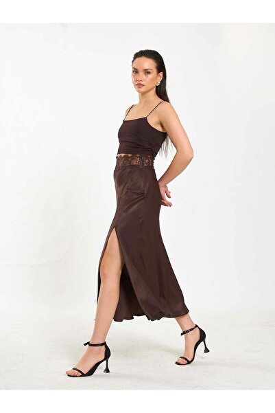 Coral 041181 Buy Lace Detailed Slit Skirts Brown