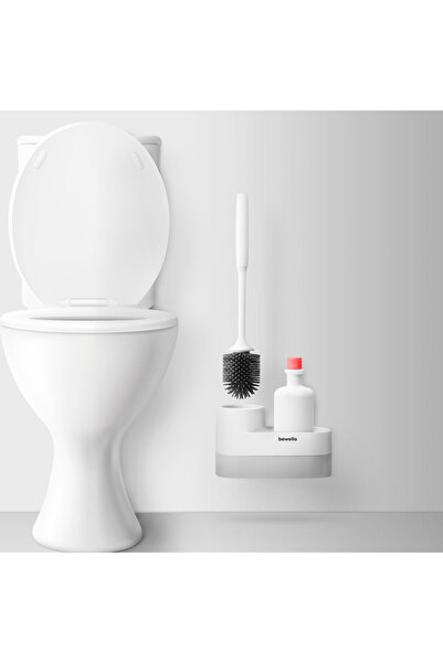 Bewello Perie WC cu suport, cap silicon, maner plastic, 2 compartimente, alb gri