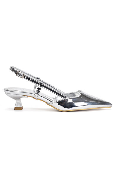 MFT AYAKKABI Silver Metallic Pointed Toe Low Heel Women's Evening Dress Shoes