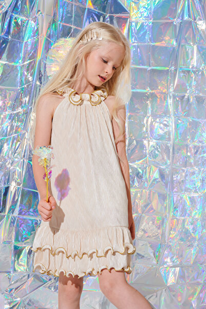 SheShe KREM IŞILTI PİLİSELİ ELBİSE