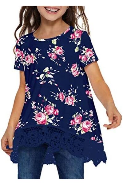 OnlyU Girls' Short-Sleeved pleated summer T-shirt, flared, blouse, for childr...