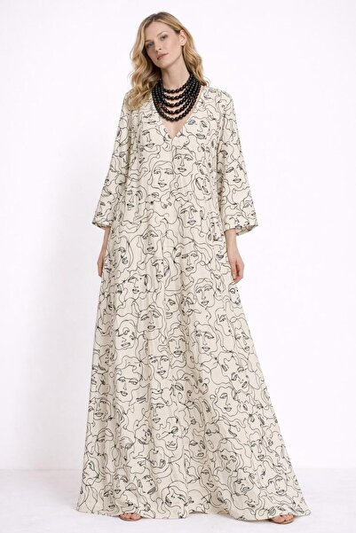 ALYEL NAKER V-Neck & Maxi Length Face Prints Patterned Casual Dress