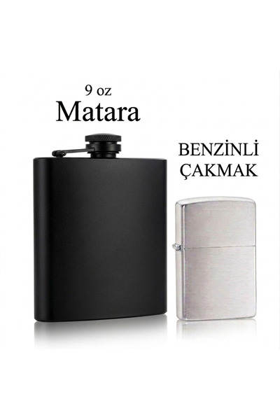 Gezginimport 9 oz Çelik Matara & Benzinli Çakmak Hediye Seti matara seti visk...