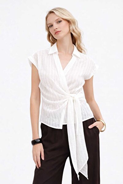 kikiriktekstil 10911 Women's Self-Made Striped Front Double-Breasted Tie-Deta...