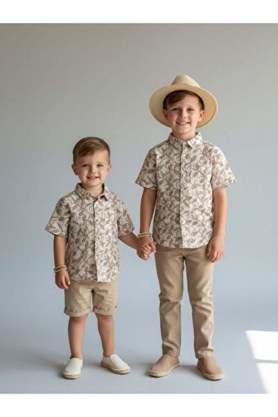 Zekids Boy's Summer Linen Leaf Patterned Shirt