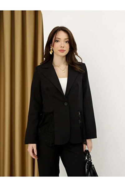 Coral Lace Detailed Jacket R005 Black