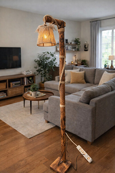 Mutluhan Desing Rustik Doğal Ağaç Lambader Halat Detaylı Hasır Başlıklı El Ya...