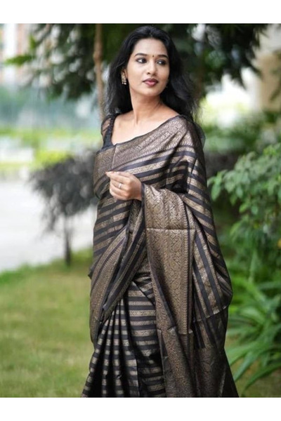 MYSMAR Black Lichi Silk Blouse Saree - MAF3072 | Black