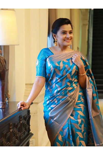 MYSMAR Blue Banarasi Blouse Saree - MAF3073 | Blue