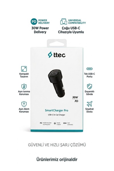SmartCharger Pro 30W PD Hızlı Araç Şarj Cihazı - Tek USB-C Portlu Siyah