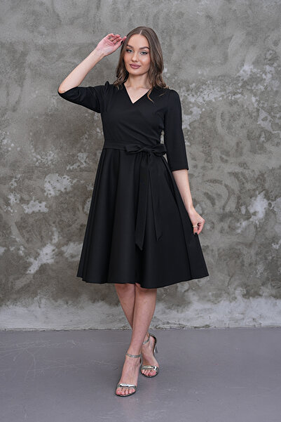 MAG FASHİON Truvakar Sleeve Black Large Size Dress Skirt Flared Double-Breast...