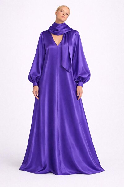 ALYEL NAKER Balloon Sleeves & V-Neck Maxi A-Line Casual Satin Dress